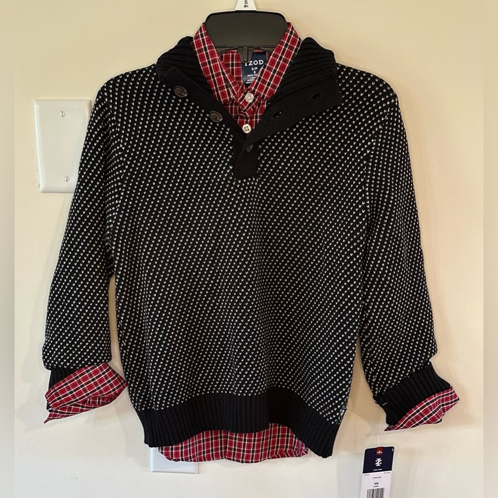 Izod Boys 2 Piece Black Sweater/Dress Shirt Set NWT Size 8 Husky